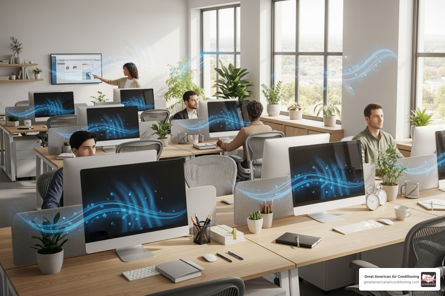 Office with clean, fresh air illustrated by subtle blue air-flow graphics - commercial hvac service sun city Office with clean, fresh air illustrated by subtle blue air-flow graphics - commercial hvac service sun city