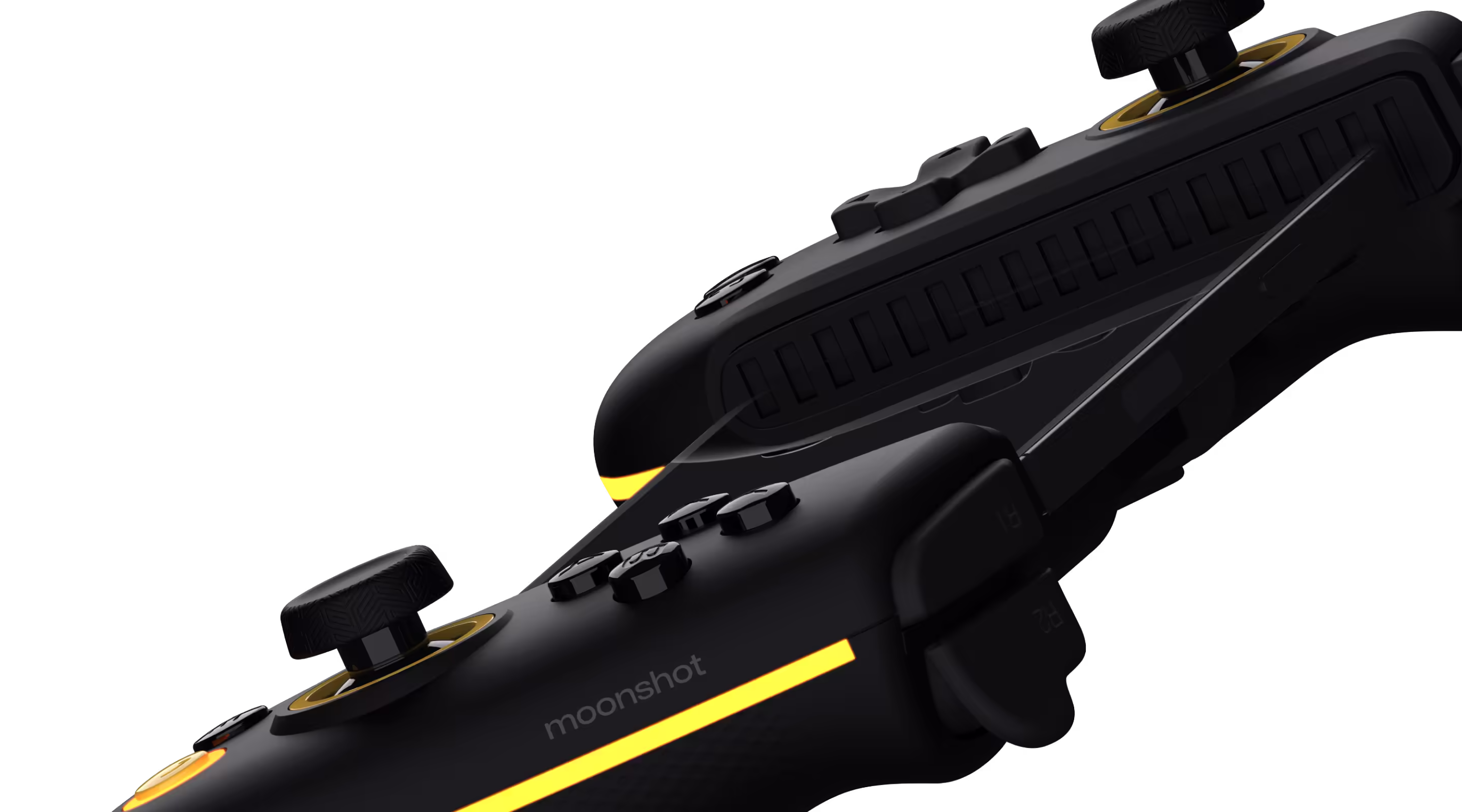 Black moonshot gaming controller attached to a smartphone with joystick and buttons.