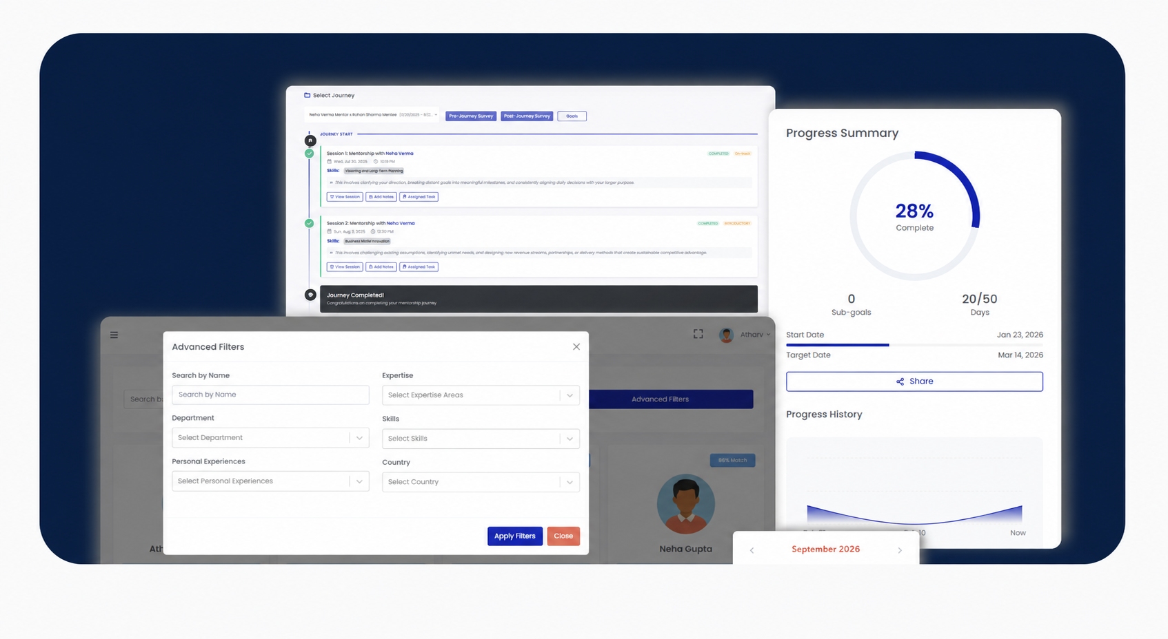 Mentorgain platform views for journeys, mentor matching and progress reporting in September 2026