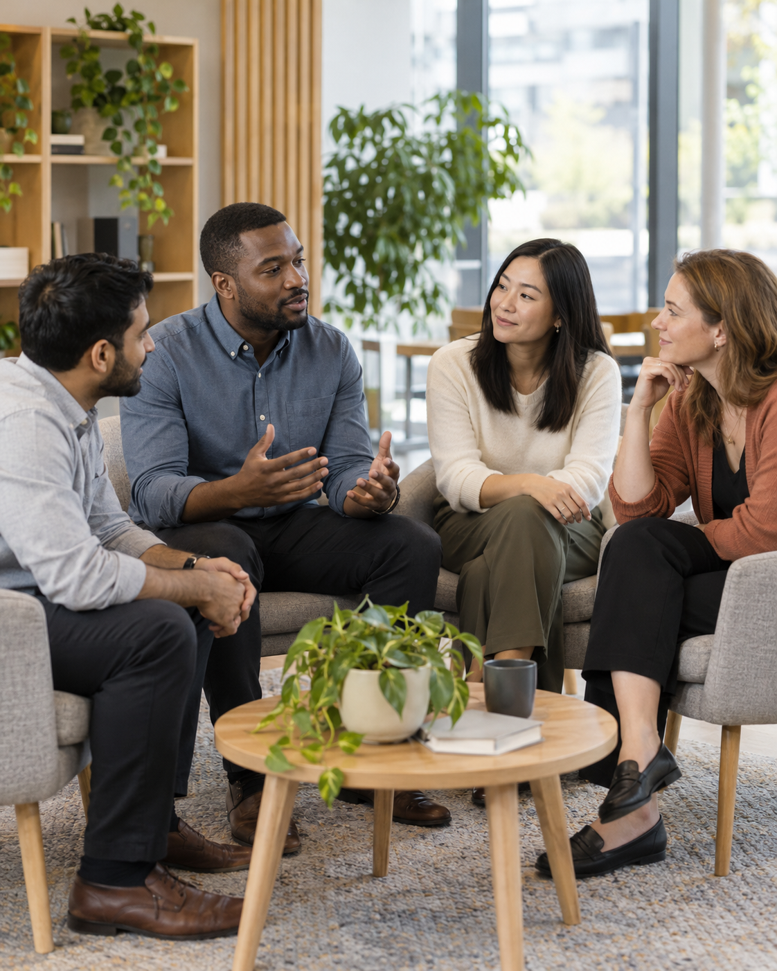 Four colleagues listen and share ideas in a small discussion circle.