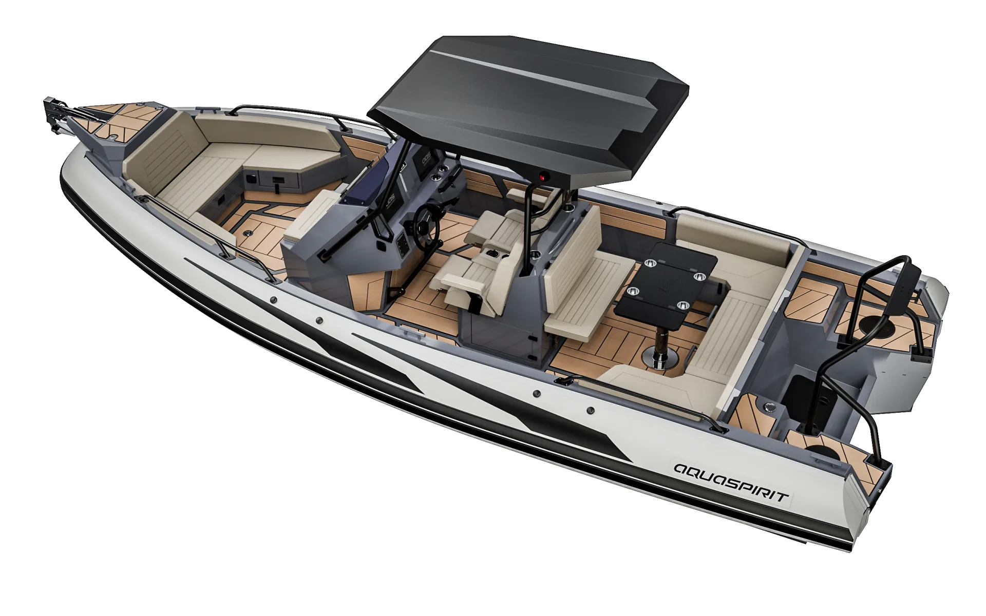 AQUASPIRIT S700 luxe aluminium RIB met 300 pk en D-tubes. Rubberboot met veel vermogen en veel luxe.