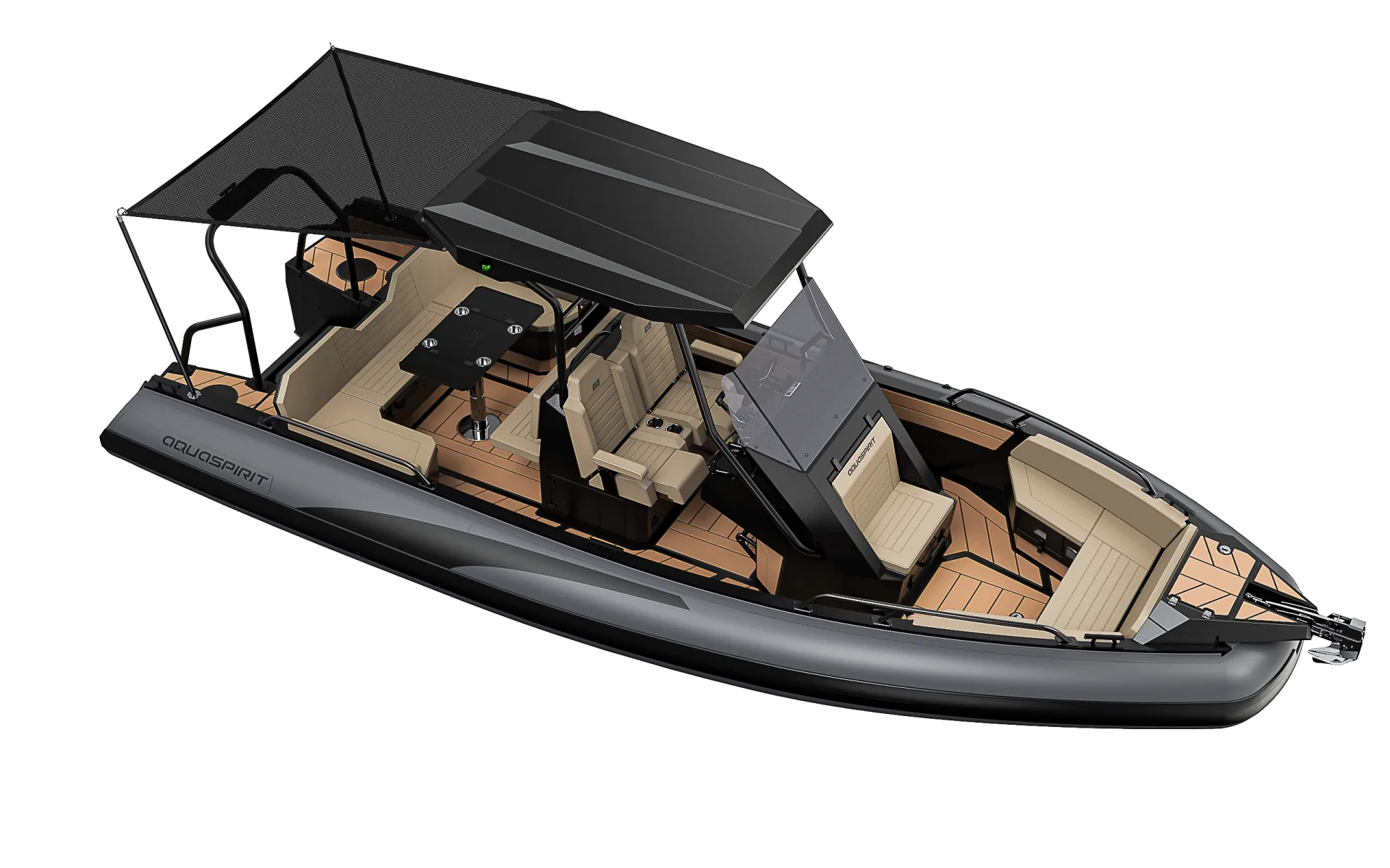 AQUASPIRIT S700 luxe aluminium RIB met 300 pk en D-tubes. Rubberboot met veel vermogen en veel luxe.