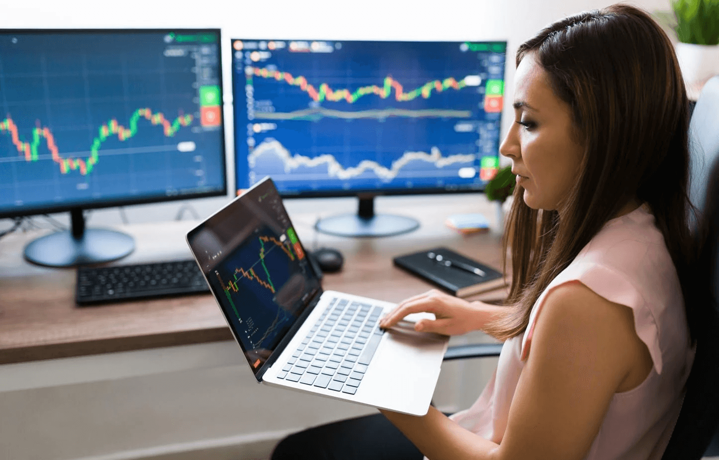  Woman analyzing stock market data charts - Scale Trading