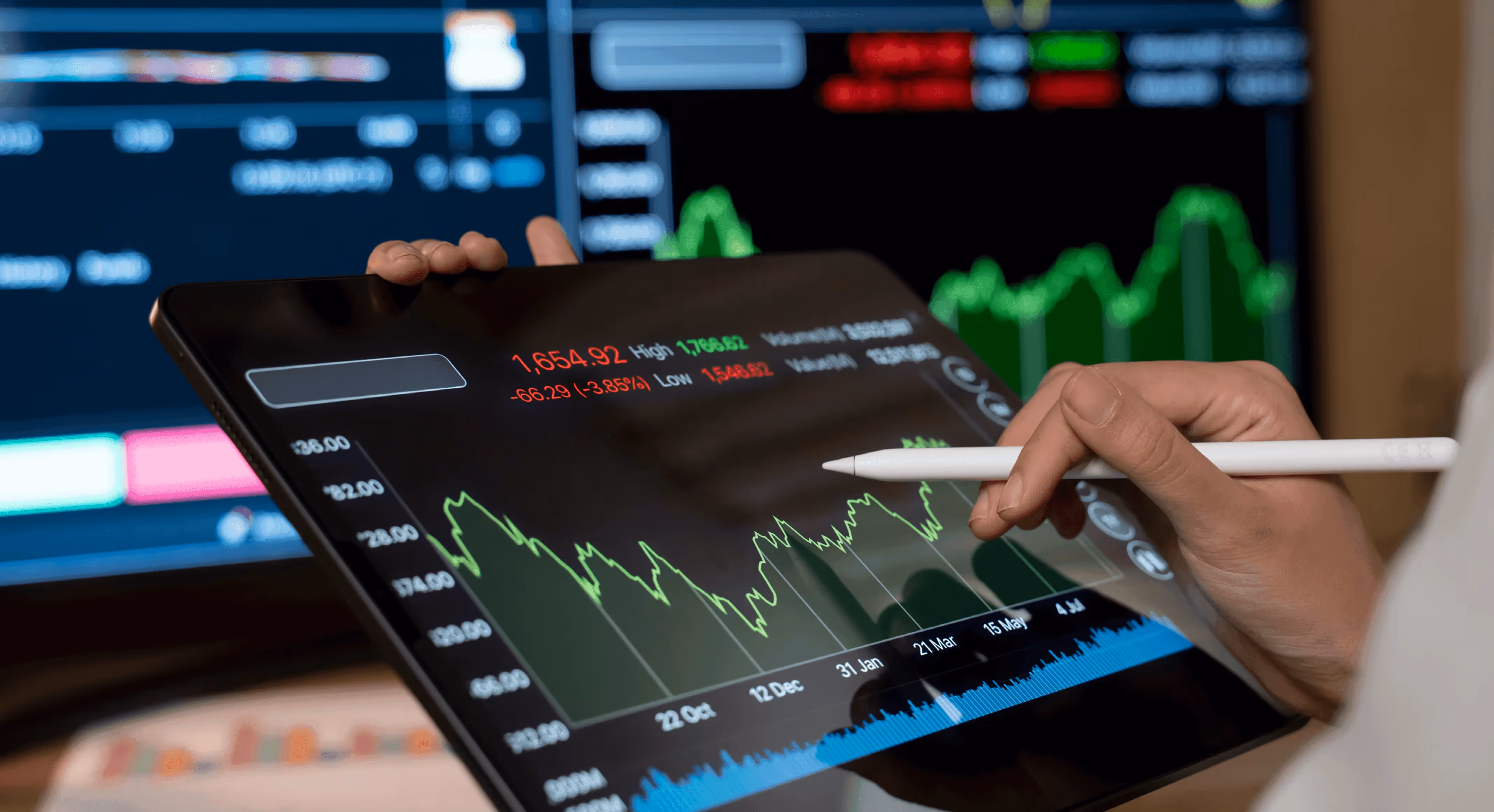 Person analyzing stock market data charts - Accumulation Distribution
