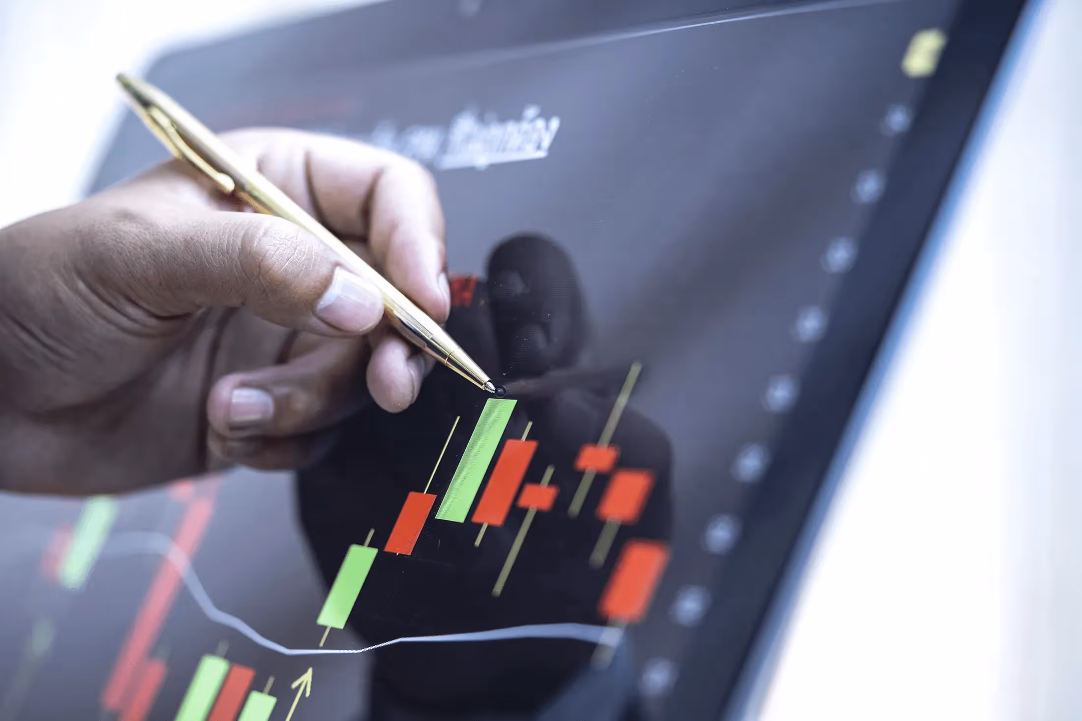 Hand pointing at candlestick stock chart - Synthetic Funded Account