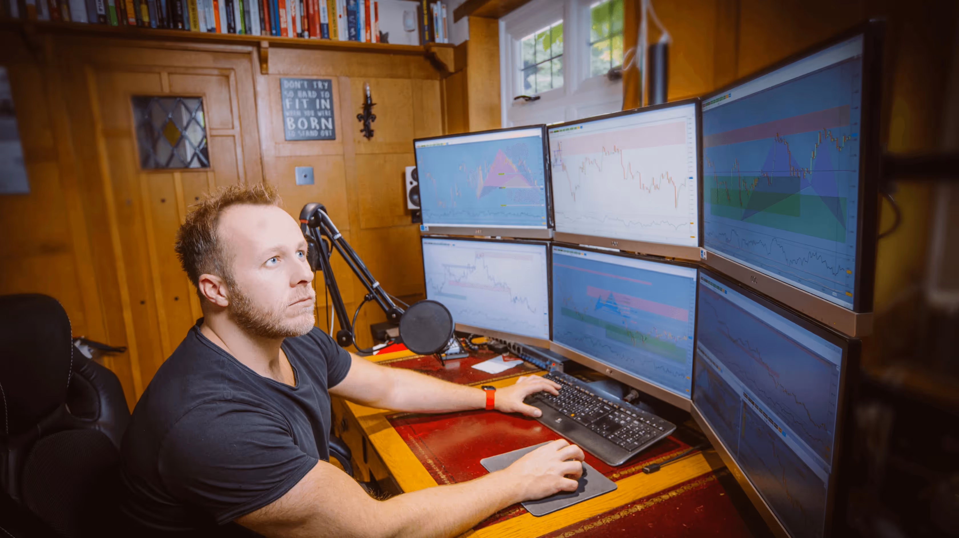 Man focused on six trading monitors - What Is Funded Firm