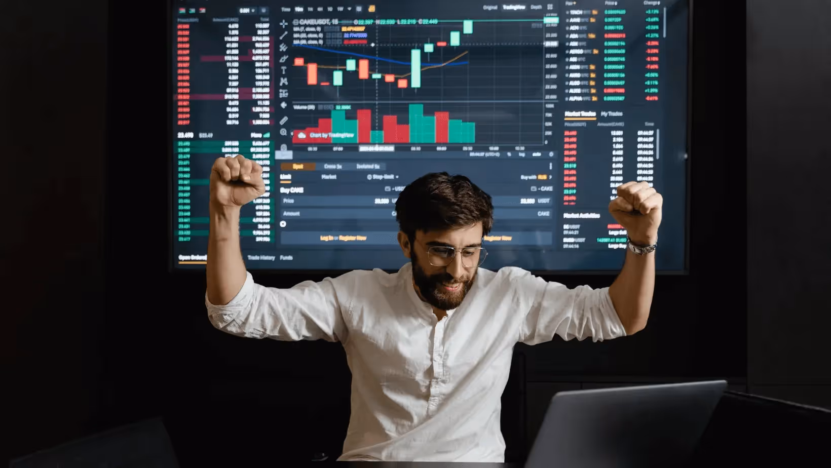  Man celebrating successful stock market trades - Prop Firm IP Address Rule