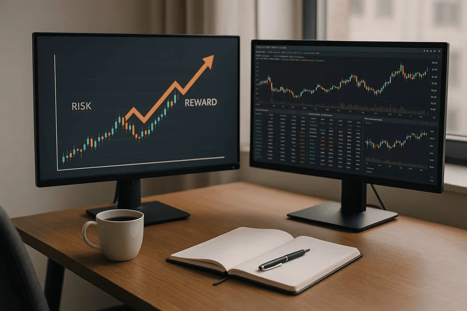 Monitors displaying risk and reward - How to Get a Funded Trading Account