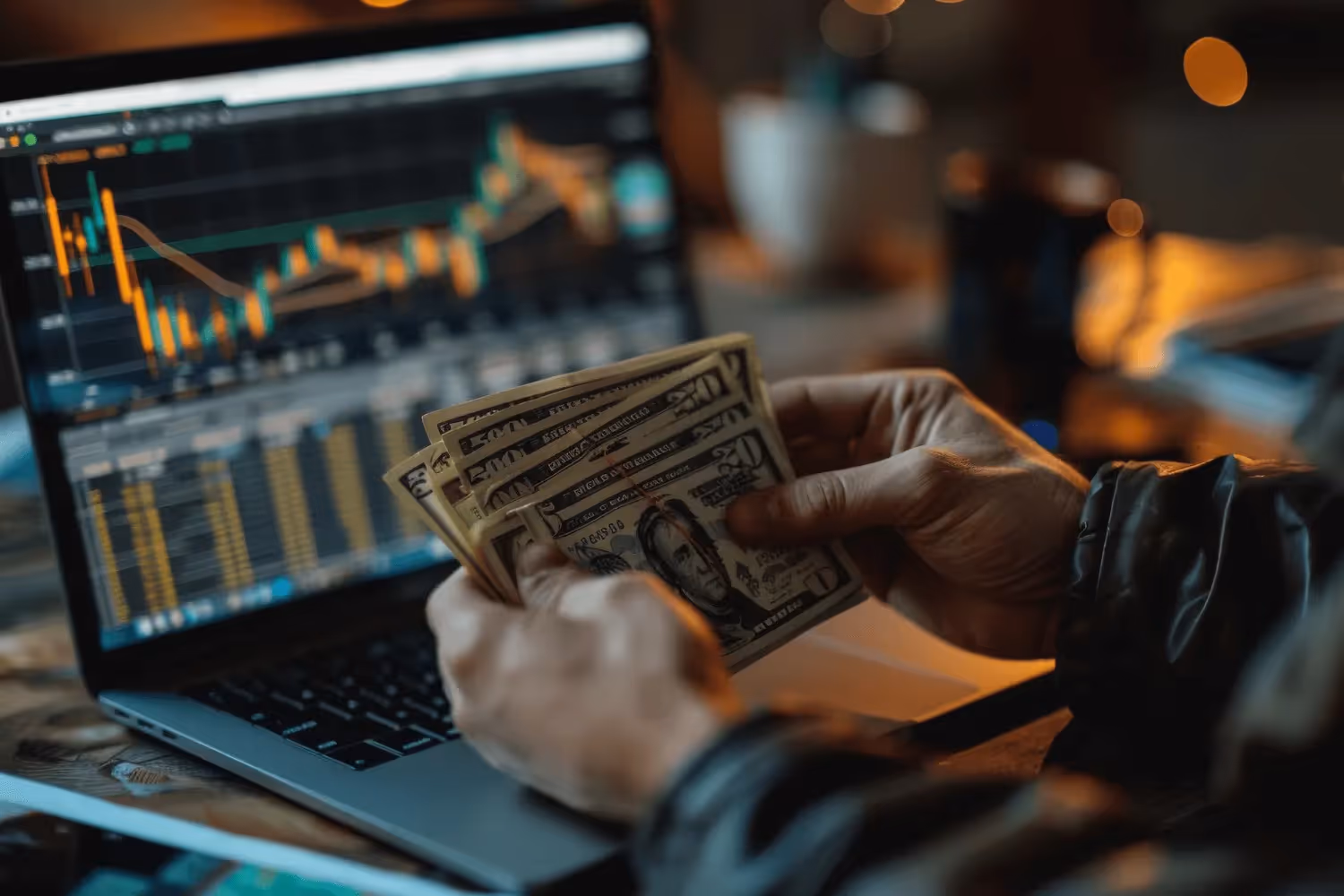 Person holding cash near trading laptop - Do Prop Firms Use Real Money
