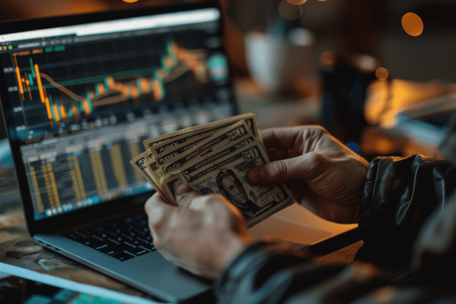 Person holding cash near trading laptop - Do Prop Firms Use Real Money