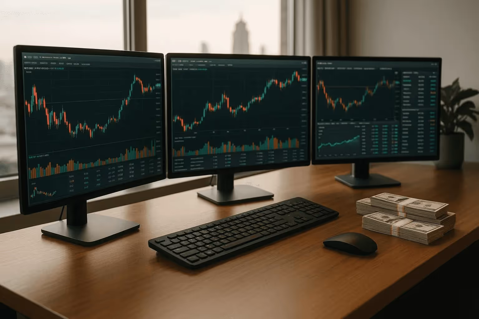 Trading setup with three stock monitors - Prop Firms in the USA