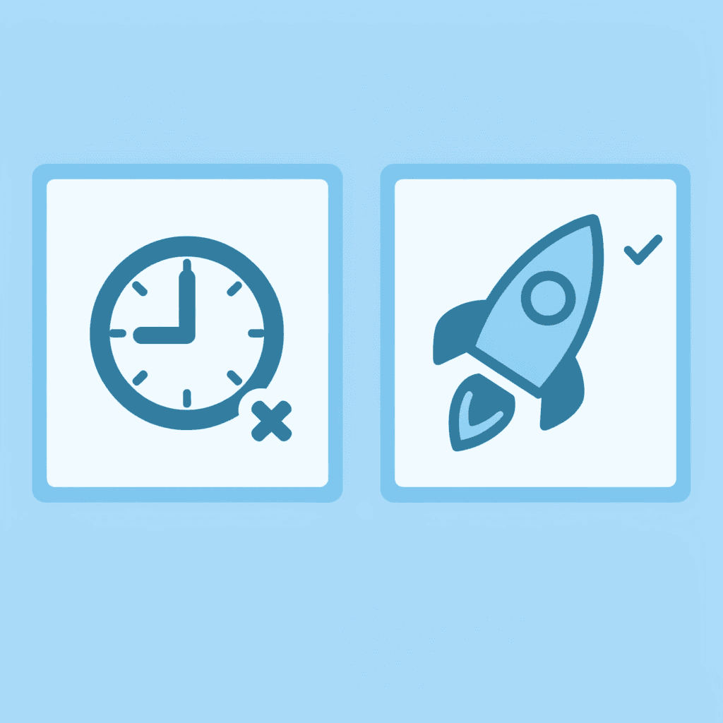 Comparison showing traditional lengthy evaluation process on left with X, and instant funding with immediate access on right with checkmark