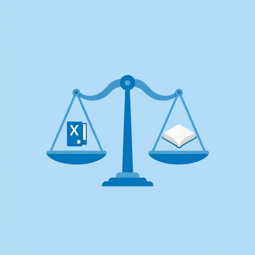 Balance scale comparing manageable evaluation criteria on one side with strong educational support on the other