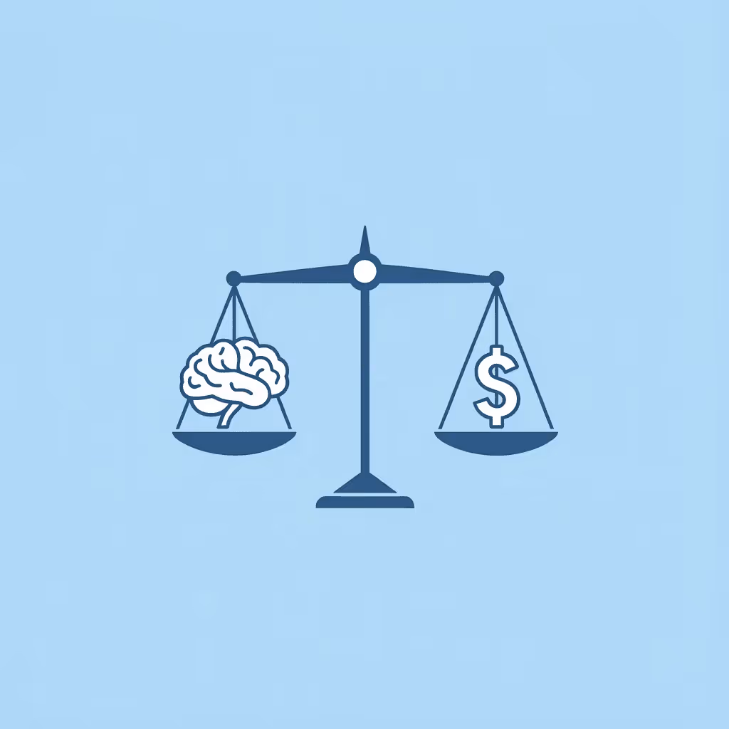 Balance scale with trading skill on one side outweighing savings account balance on the other