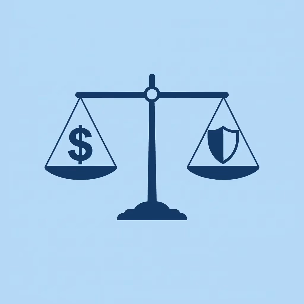Balance scale comparing high cost on one side with perceived safety on the other