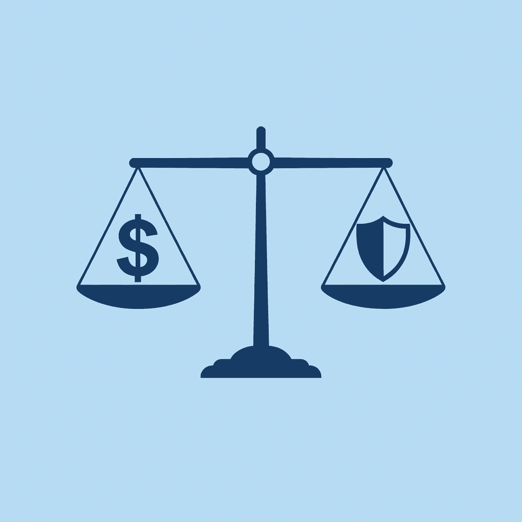 Balance scale comparing high cost on one side with perceived safety on the other