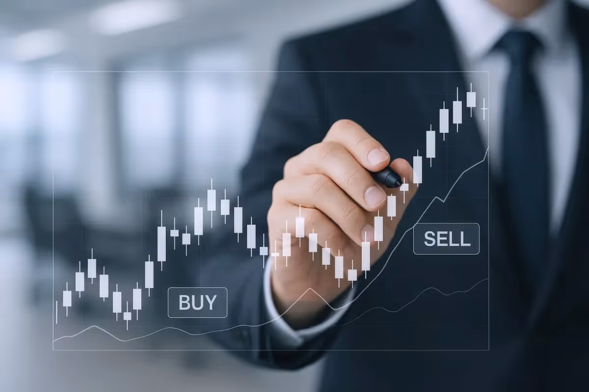 Businessman Analyzing Stock Market Chart, Buy and Sell Strategy for Financial Success