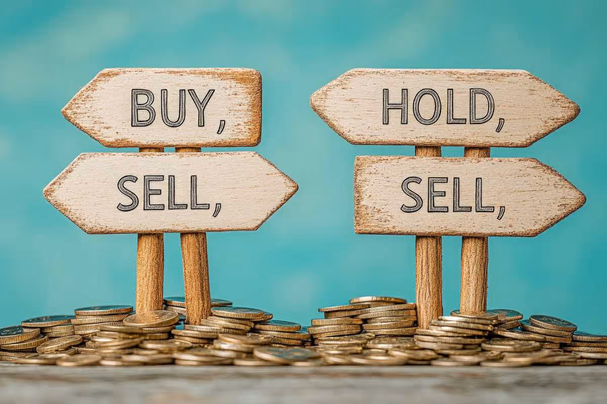 Wooden signage displaying buy and sell versus hold and sell surrounded by stacks of coins