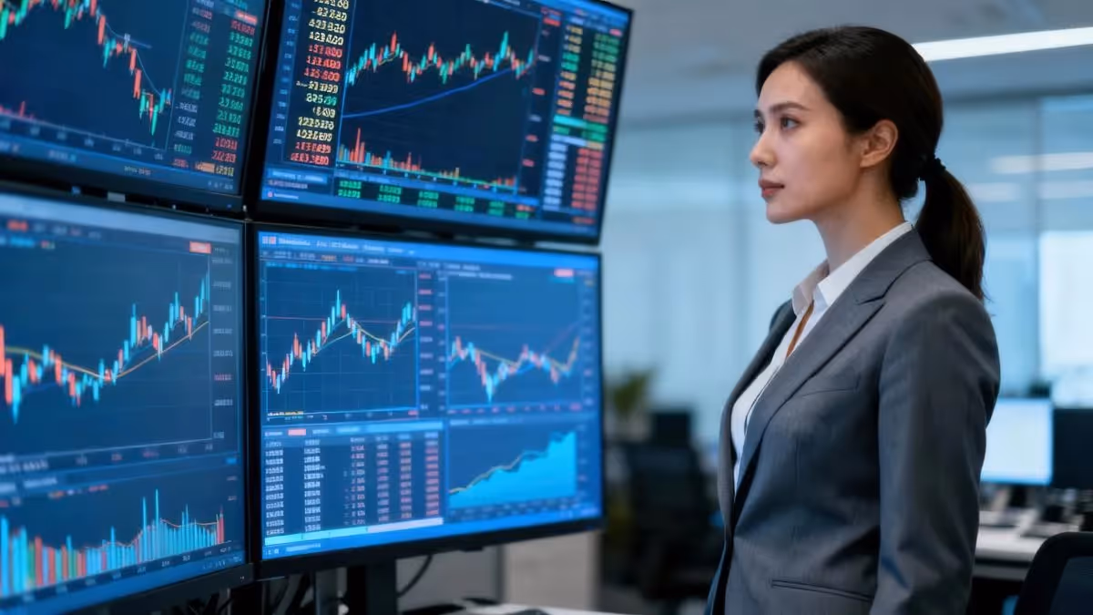 Professional Asian businesswoman reviewing multiple screens showing complex financial candlestick charts and exchange data on a dark trading floor