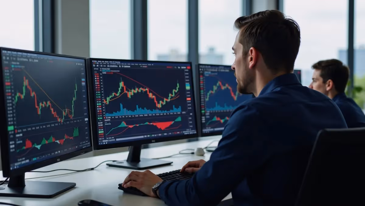 Trading analysis on multimonitor setup with stock market data and financial graphics in office setting