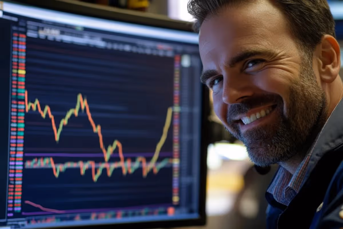Trader exudes satisfaction while studying a rising stock chart on his monitor