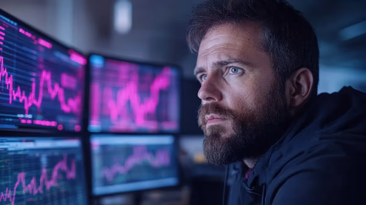 A man with a beard and dark jacket looking at stock market graphs