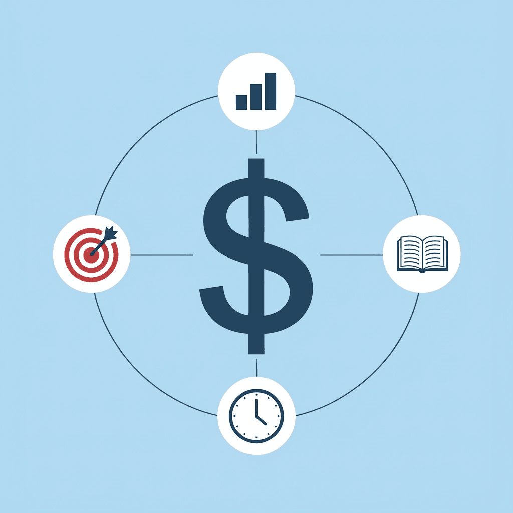  Central hub labeled 'Prop Firm Evaluation' connected to three surrounding icons: revenue model, performance metrics, and profit alignment