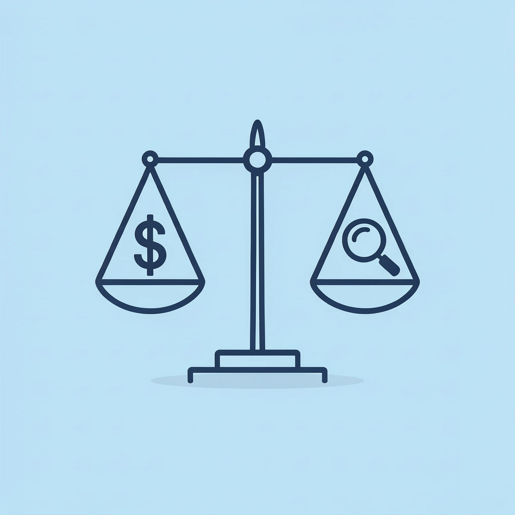 Balance scale comparing high evaluation fees on one side against zero payouts on the other