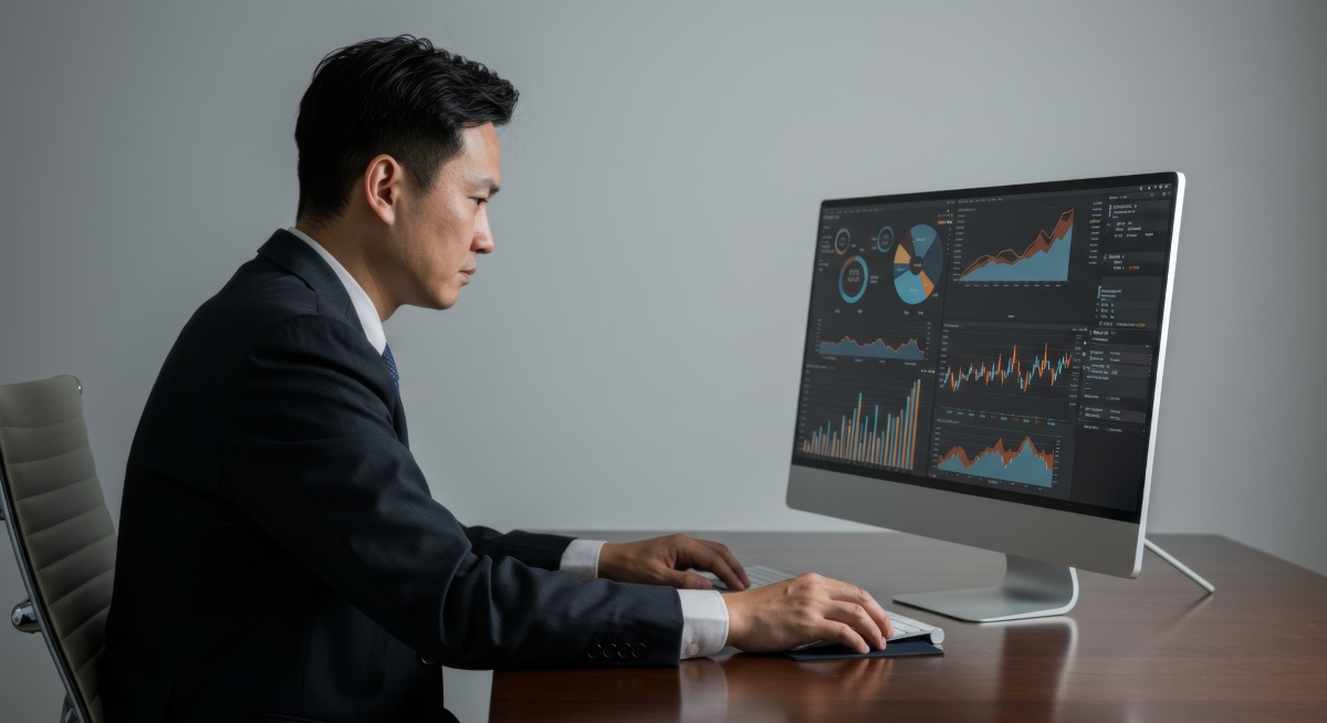 Asian businessman analyzing financial data charts and graphs on computer screen in office setting