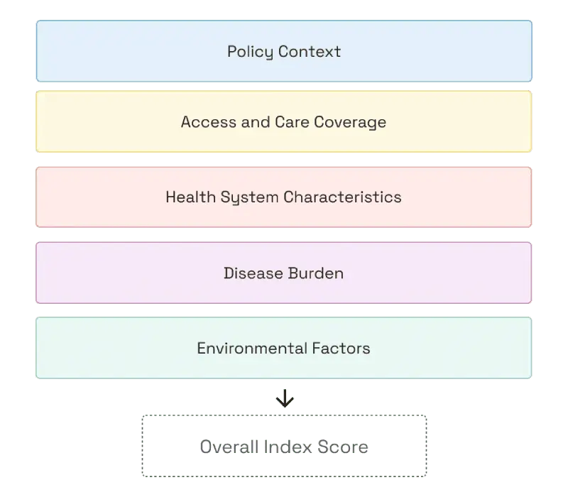 Five factors contributing to the overall index: policy, access, system, disease, and environment.