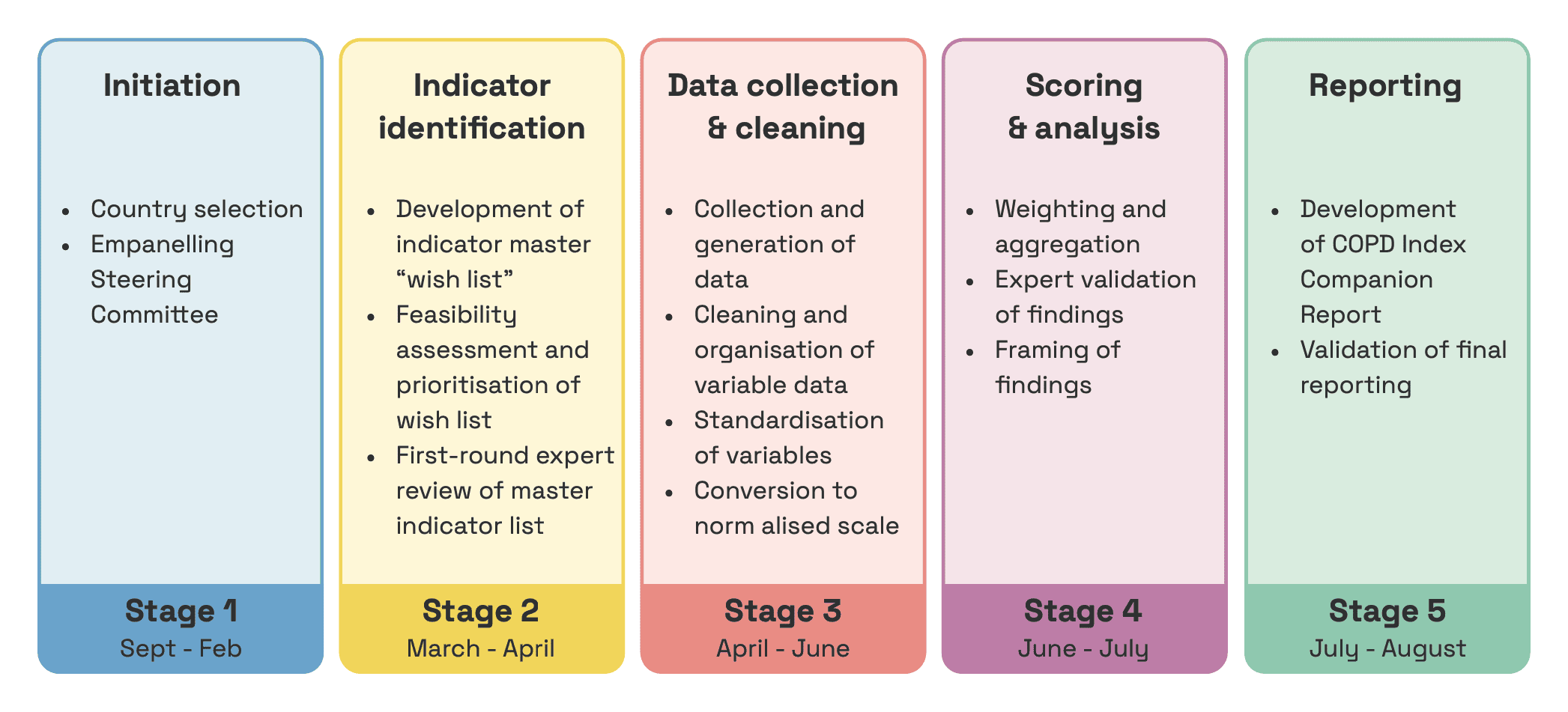 Five-stage COPD Index development process from initiation to reporting, with timelines and key tasks.
