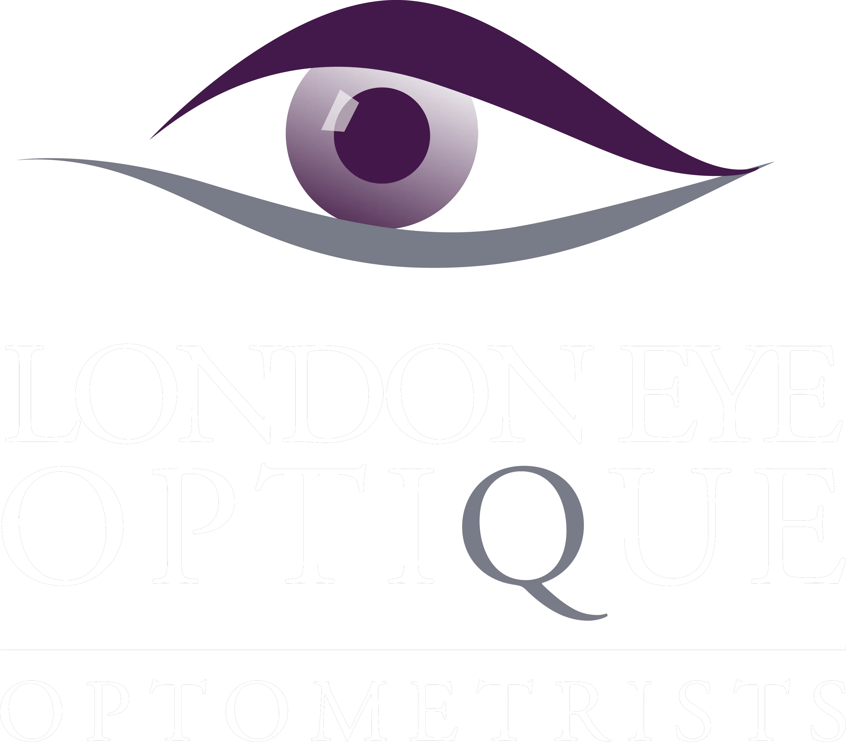 Abstract stylized purple and gray eye logo with letter Q