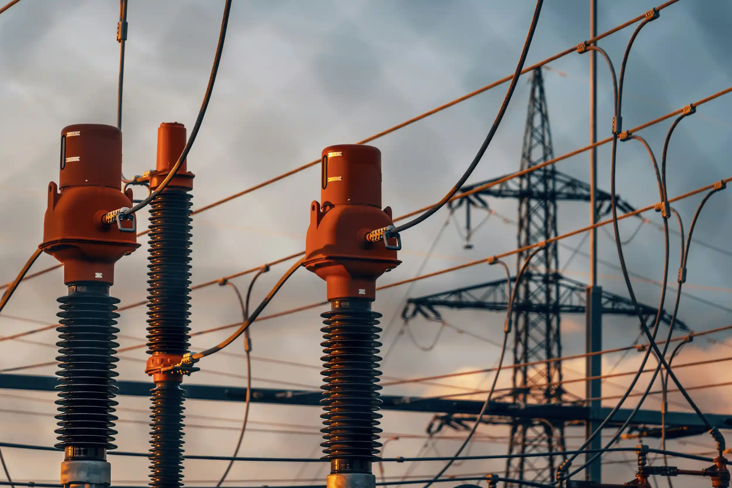 Scenery of electric insulators with a tower mast in the background