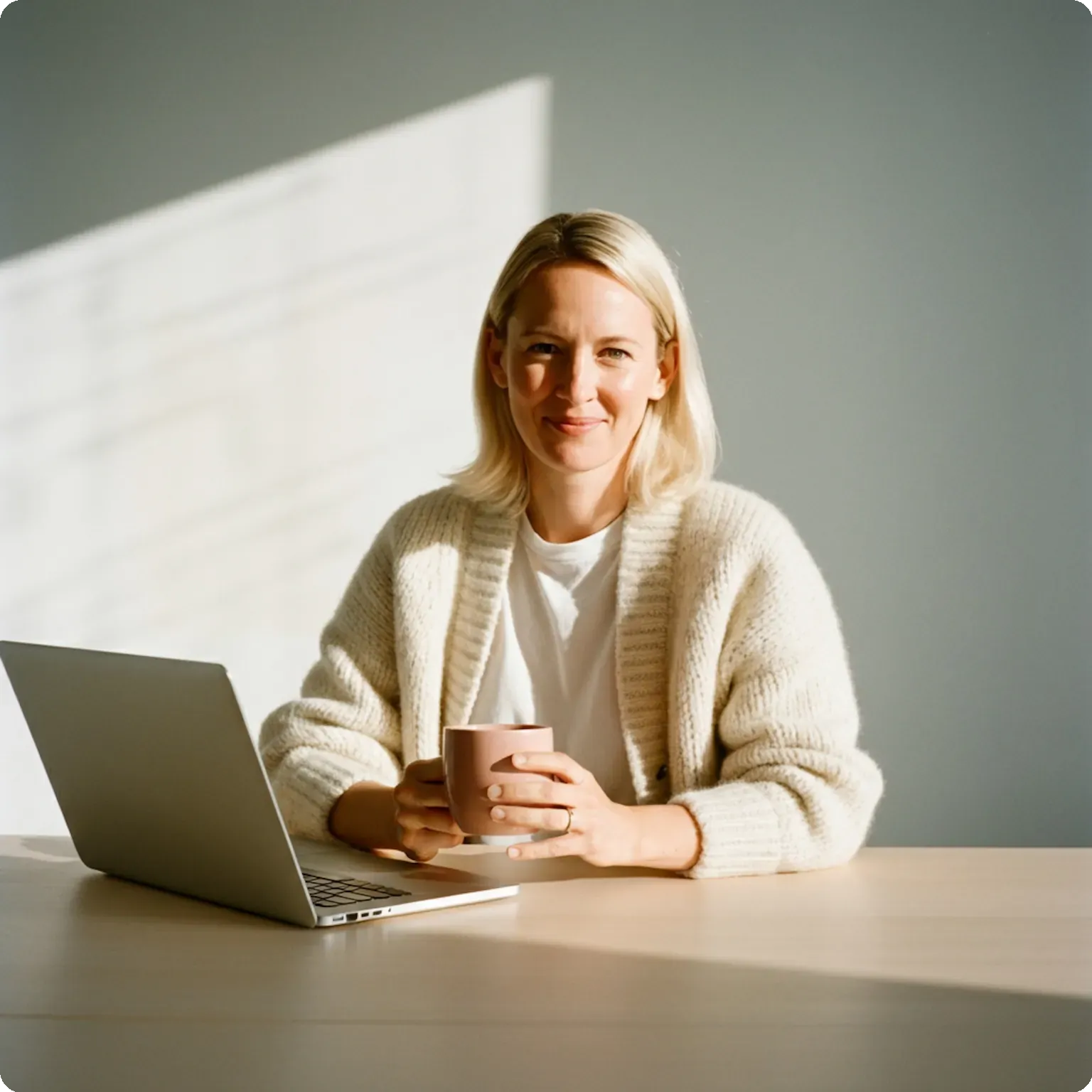 Smiling woman in a cream cardigan holds a coffee mug beside her laptop in a sunny workspace, conveying calm support.