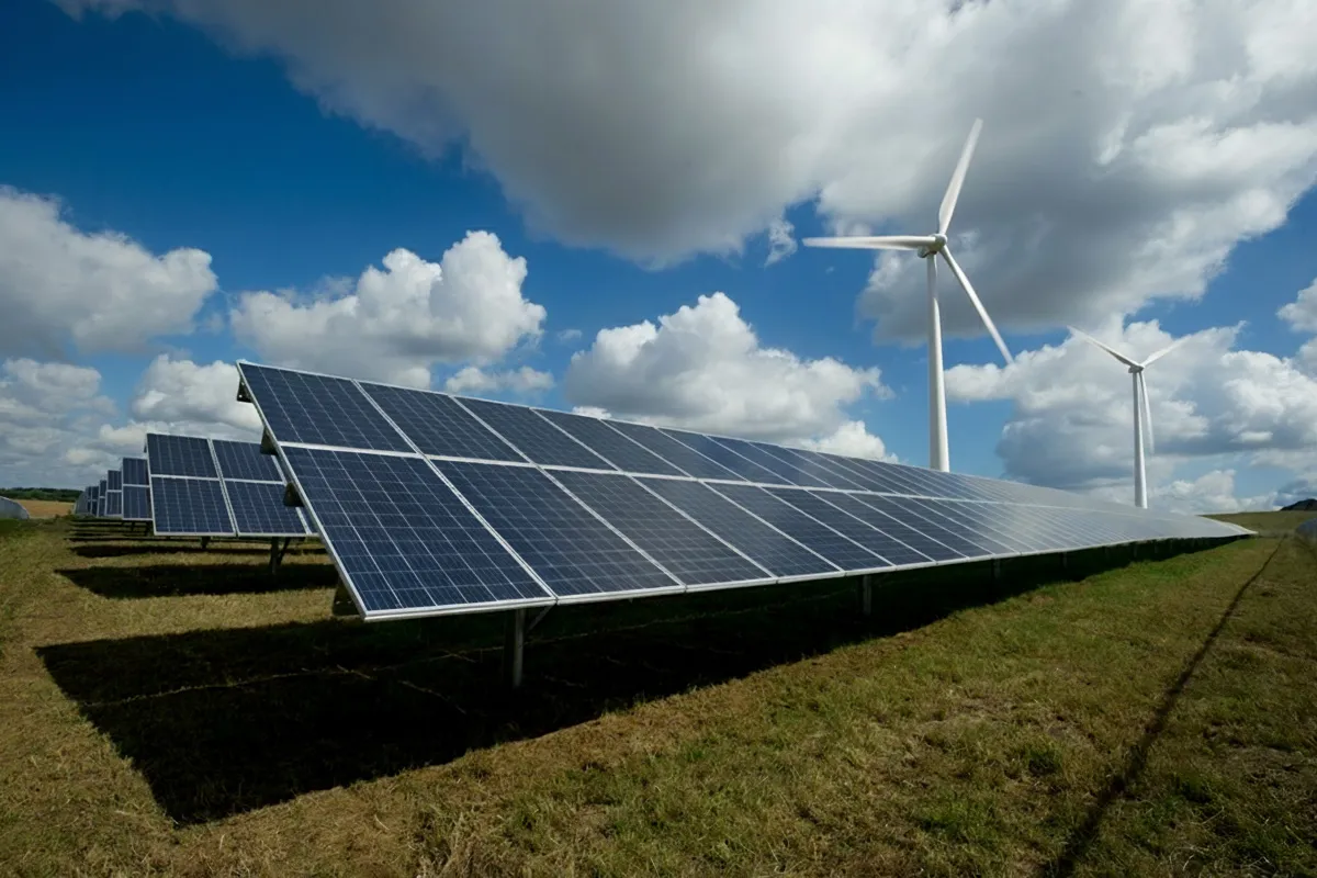 A wide field with solar panels and 2 wind mills with a blue sky and clouds