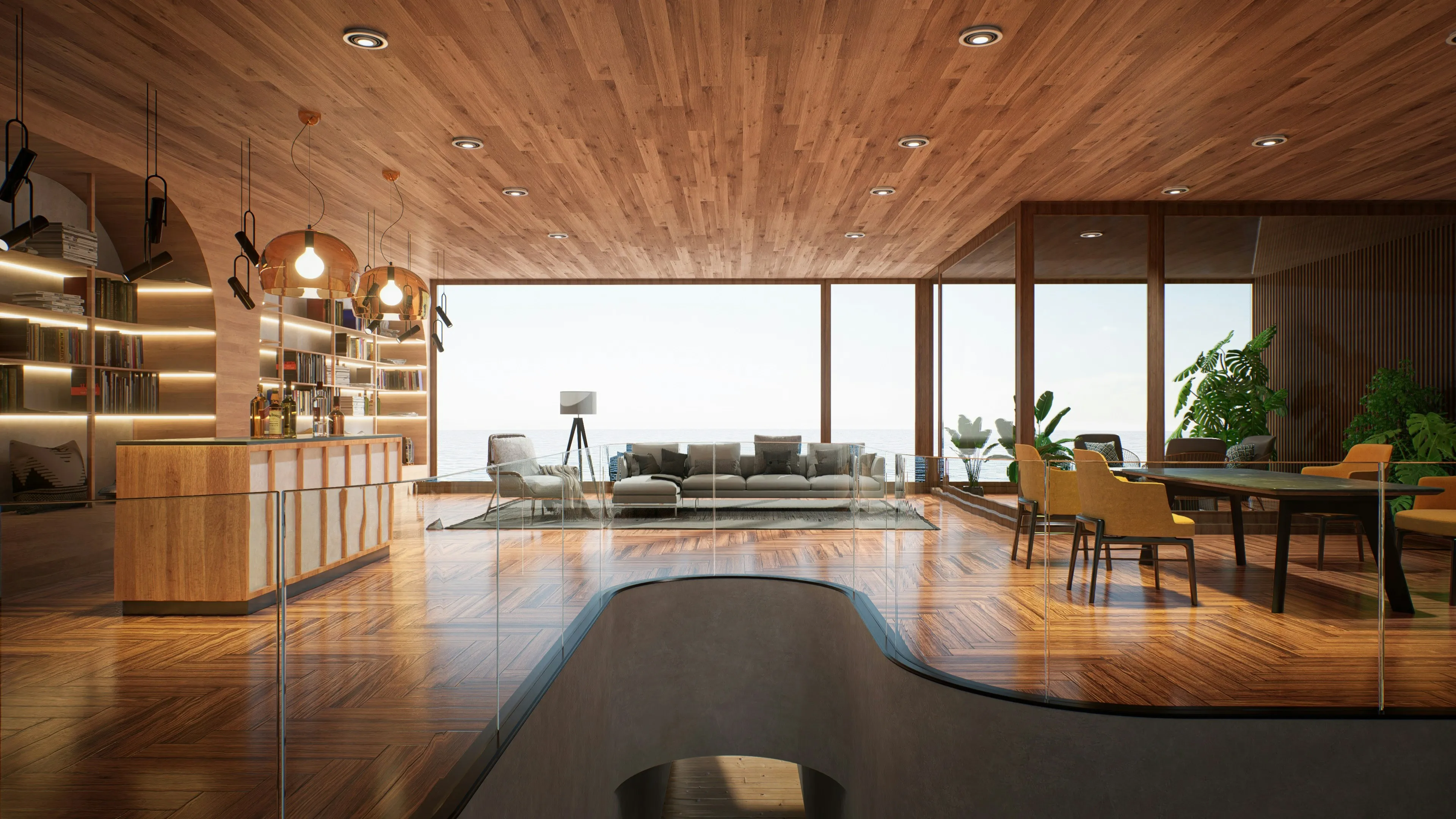 renovated living room with wooden floor and ceiling
