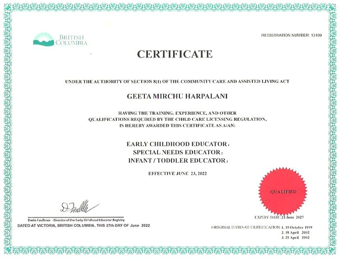 Geeta Harpalani's Early Childhood Education certificate