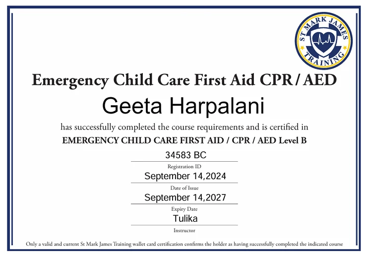 Geeta Harpalani's Infant Toddler and Special Needs certification