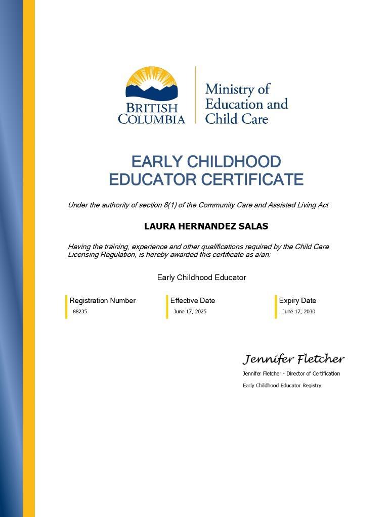 Laura Hernandez's Early Childhood Educator licence certificate