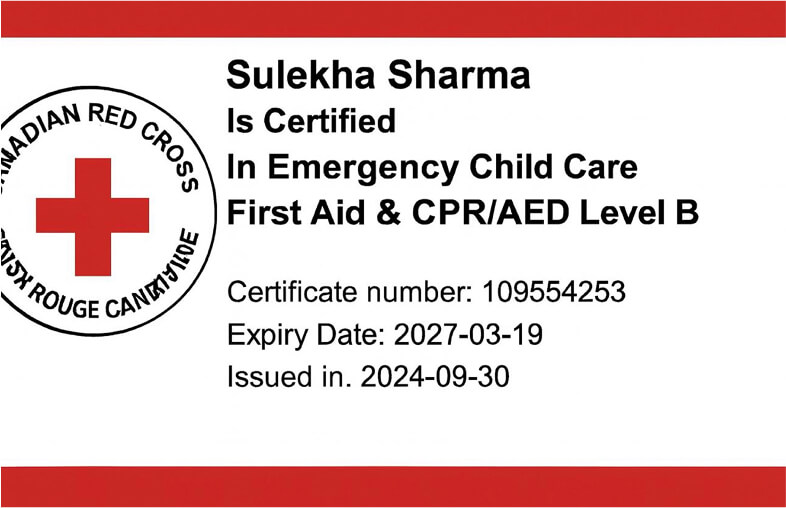 Sulekha Sharma's Infant-Toddler ECE diploma certificate