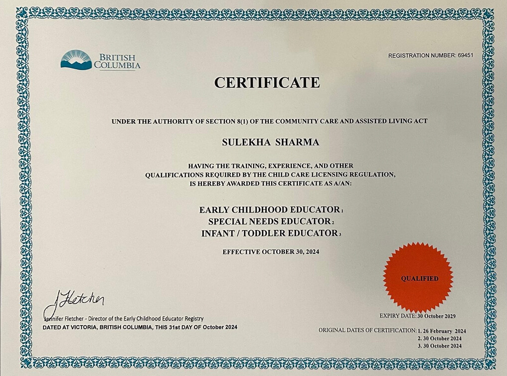 Sulekha Sharma's First Aid/CPR and Food Safety certificate