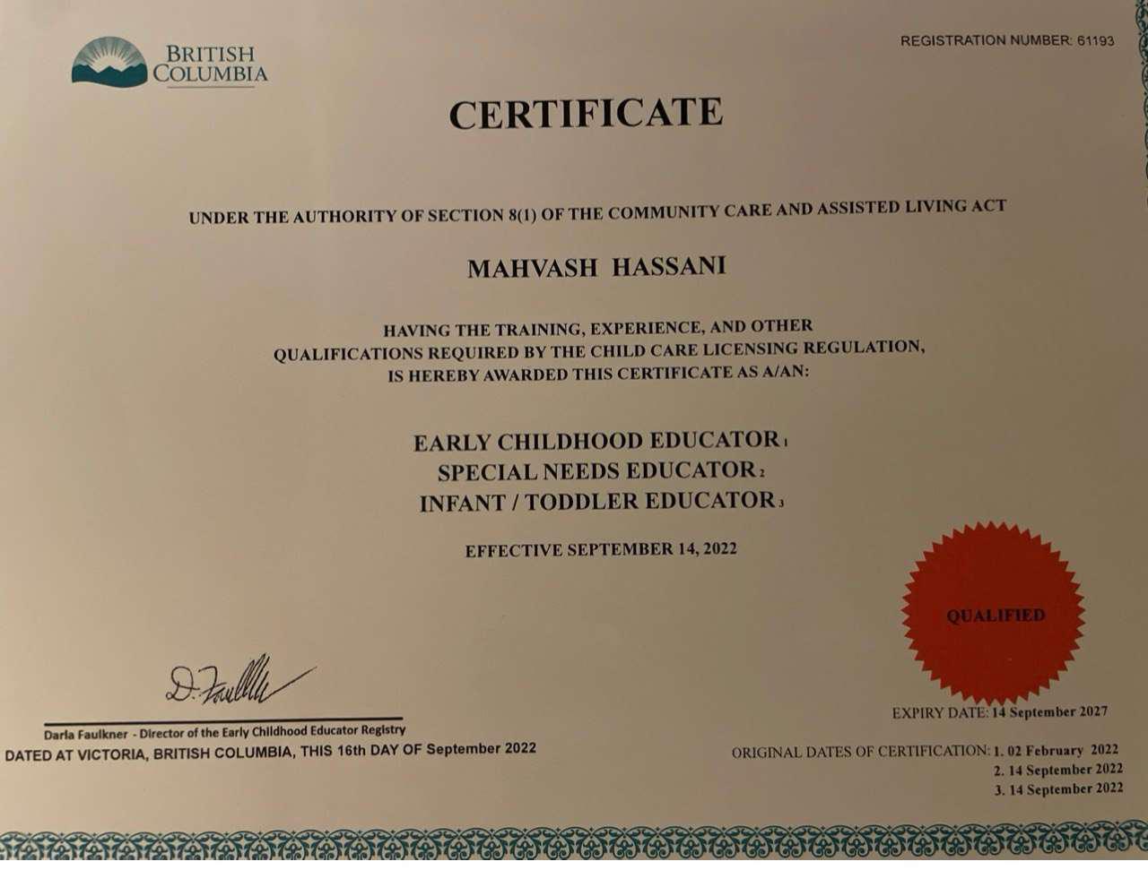 Mahvash Hassani's Early Childhood Education diploma certificate