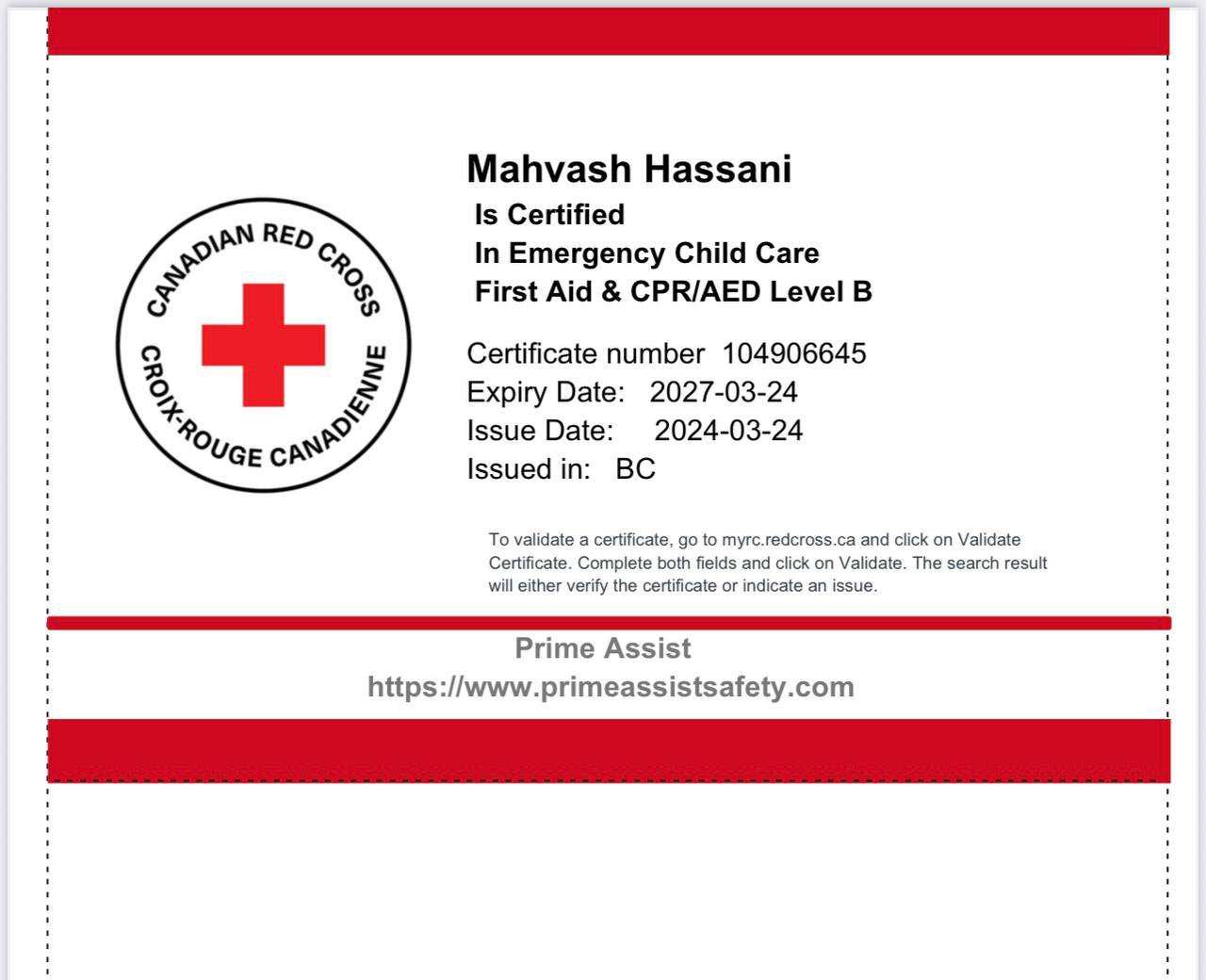 Mahvash Hassani's professional training certificate