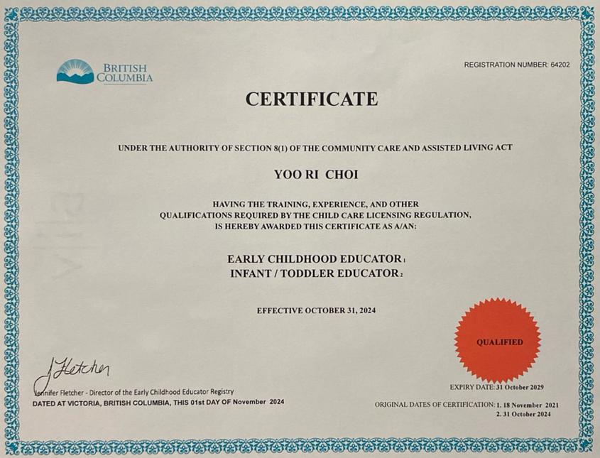 Lily Choi's Early Childhood Educator certificate