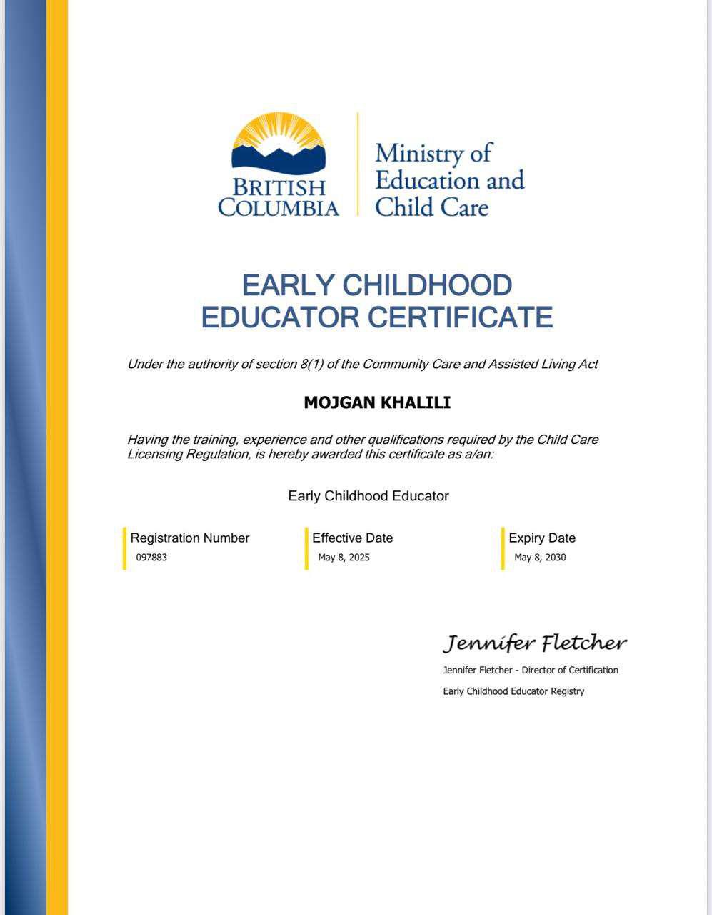 Mojgan Khalili's CDI College ECE graduation certificate