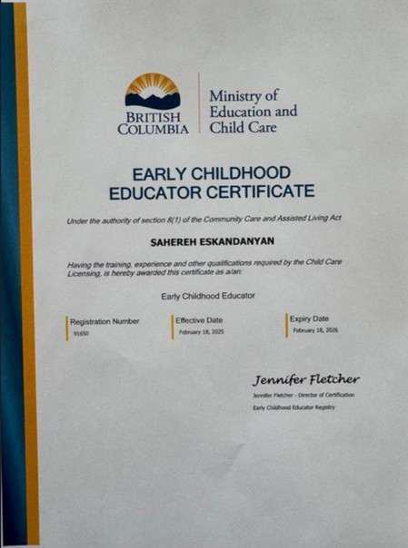 Sahereh Eskandanyan's Early Childhood Educator certificate