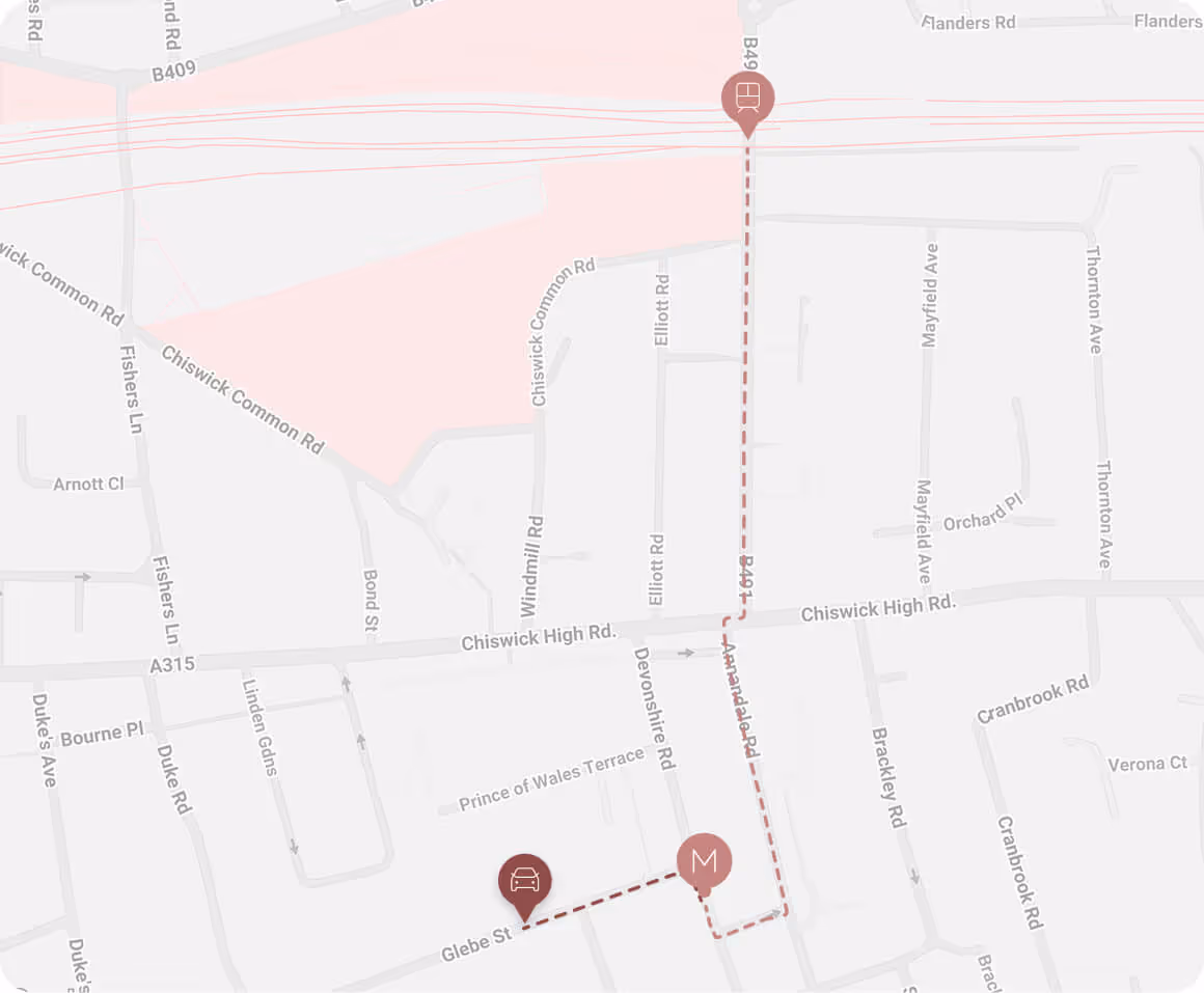 Map showing a walking route from a metro station marked 'M' on Devonshire Rd to a car icon on Glebe St, passing through Appledale Rd and B449, near Chiswick High Rd.