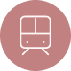 White train icon with frontal view inside a muted pink circle.