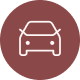 White car icon on a round brown background.