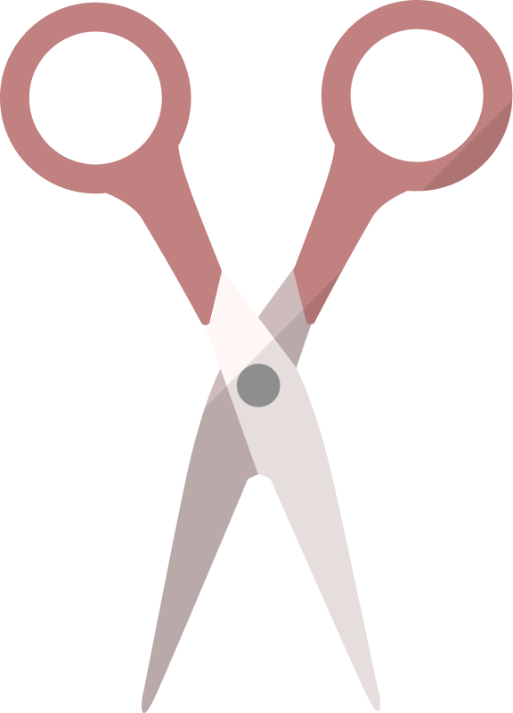 Illustration of an open pair of scissors with brown handles and silver blades.